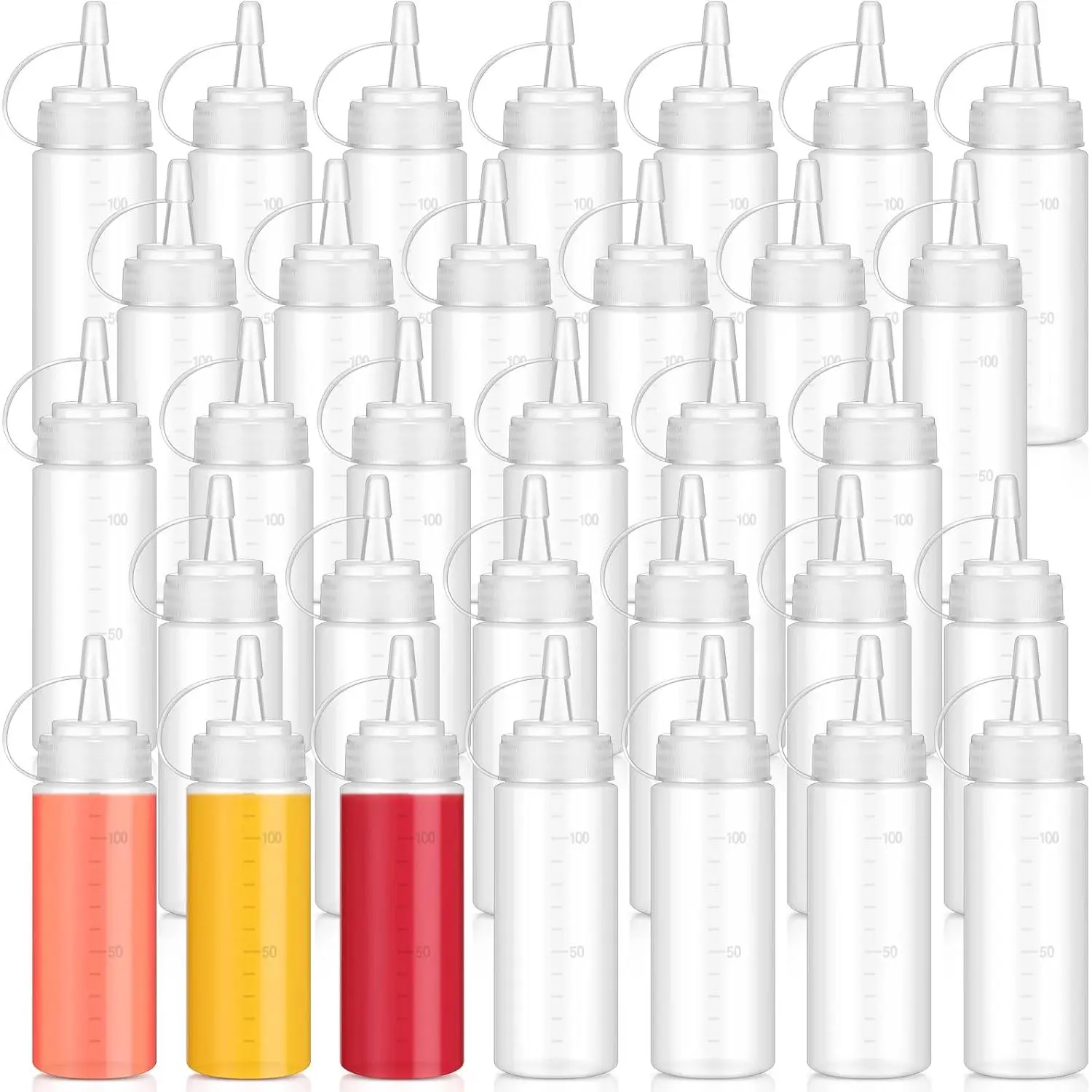 32 count 4oz Plastic Squeeze Bottles Condiment Squirt Bottle Set with Discrete Measurements Dressing Container Ketchup Dispenser for Syrup BBQ Grilling Liquids and More