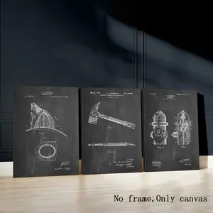 Fire Hydrant Blueprint Wall Art Decor, Firefighter Hat Design Canvas Print, Axe Invention Poster, Historical Engineering Art, Home Decoration Gift, Unframed Wall Art