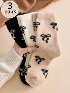 Women's Winter Socks, Thick Snow Ski Sports Socks, Warm Bowknot Cozy Home Sleep Socks, Sporty Casual Style, 1 or 3 Pairs Sock Set, Butterfly