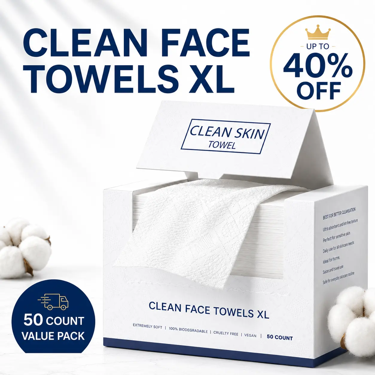 50PCS XL Disposable Face Towels, 100% USDA Biobased, Soft Lint-Free Face Wipes for Sensitive & Acne-Prone Skin, Makeup Removal, Thicker Textured Dry Wipes, Absorbent & Soft, Home Care Tissue Essential