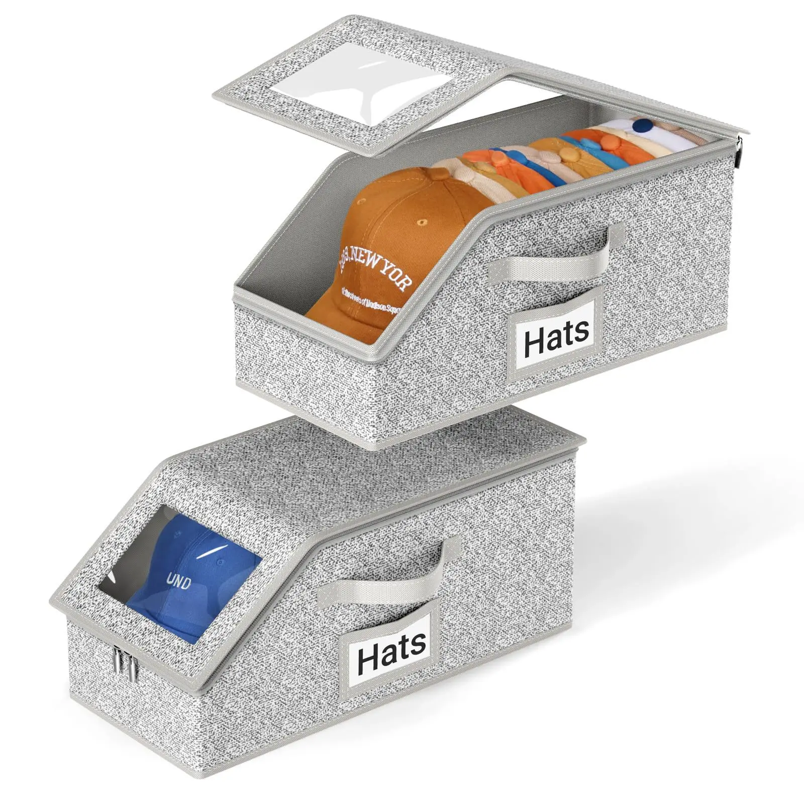 Baseball Cap Box - Stackable, Dustproof PVC & Metal Frame, Collapsible Folding Storage Container, Holds 12 Hats, Men's Organizer for Under Bed & Car Trunk (Incl. Organizer Storage Boxes), Folding Storage Containers