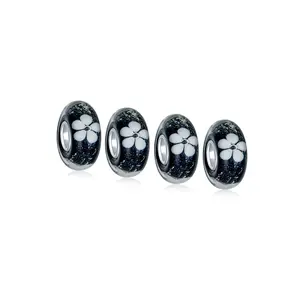 Sterling Silver Floral Black White Flower Spacer Charm Bead Murano Glass for Bracelet (Set of 4)