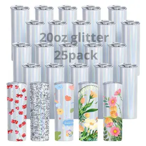 25-Pack 20oz Glitter Sublimation Tumblers - Vacuum Insulated Portable Stainless Steel Flasks, Skinny Straight Shimmer Blanks with Lids & Straws, Individually Boxed White Drinkware