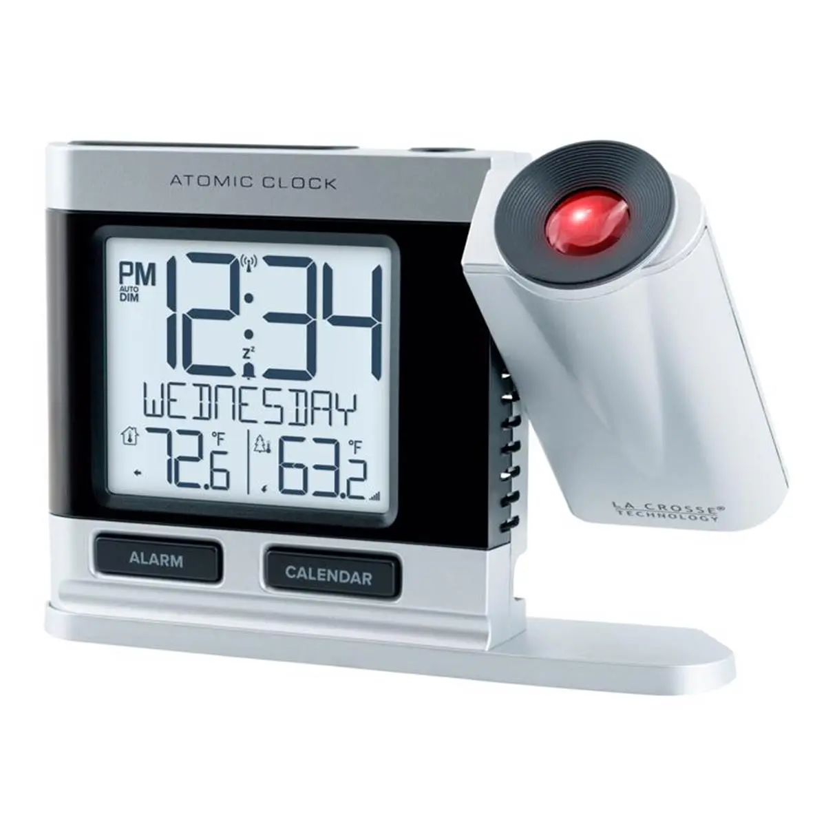 Atomic 6058816 2.5 In. Adjustable Wireless Projection Plug-In Alarm Clock - Silver Plastic LCD Clock, 0.96 lbs, Decorative Room Decor for Wall Mounting Use