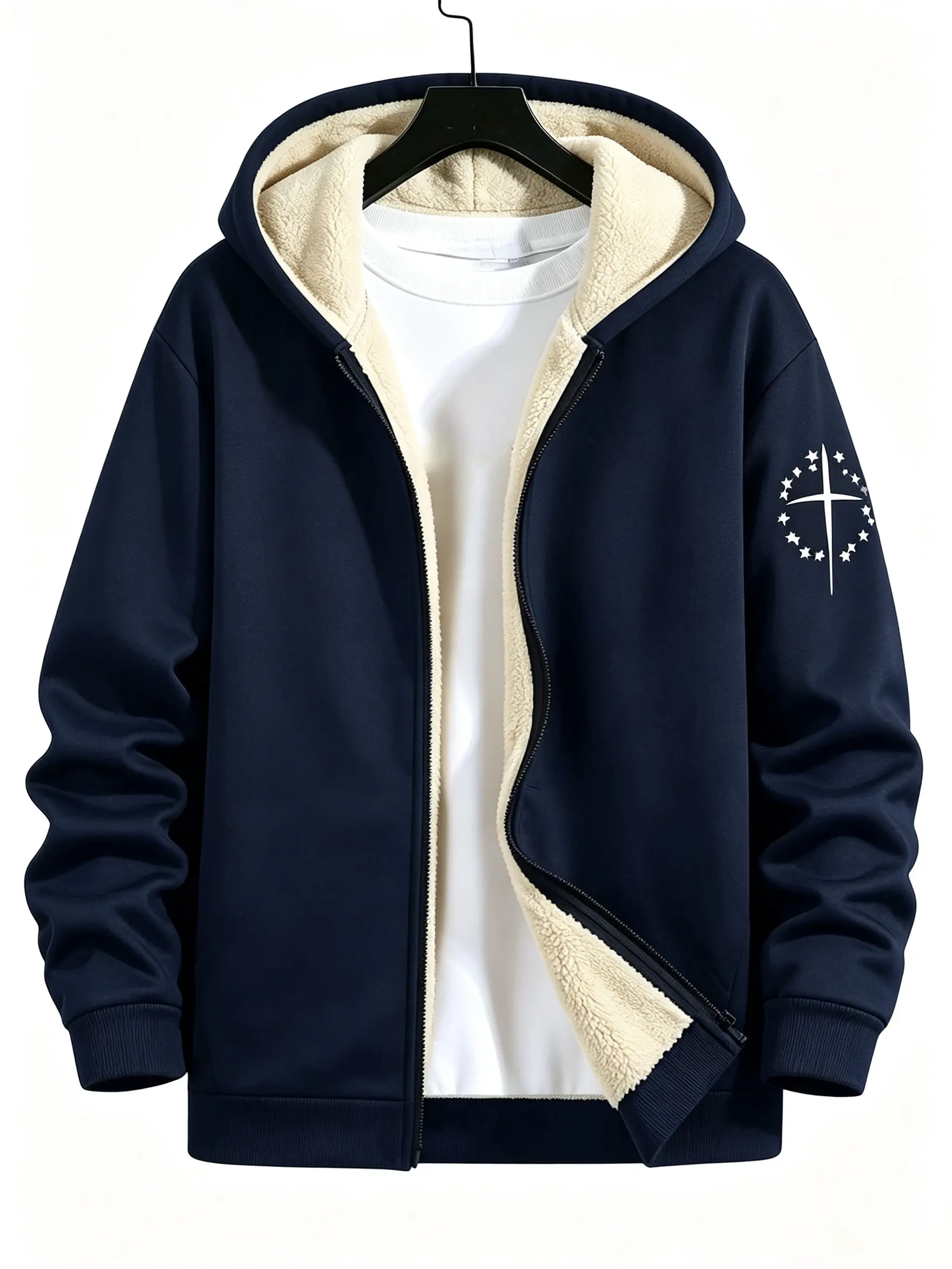 cardigan sweatshirt Men Long Sleeve Zip Up Hoodie Cardigan Sweatshirt, Sherpa Lined Star Cross Print Casual Menswear Tops
