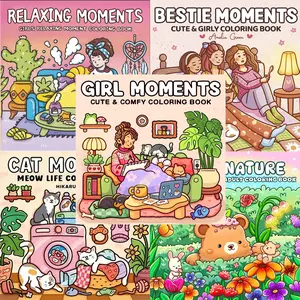 Adult & Teen Coloring Book 5-Pack, Cute Girly Moments, Relaxing Bold Designs, Stress-Relief Pages, Montessori Educational Toy Set