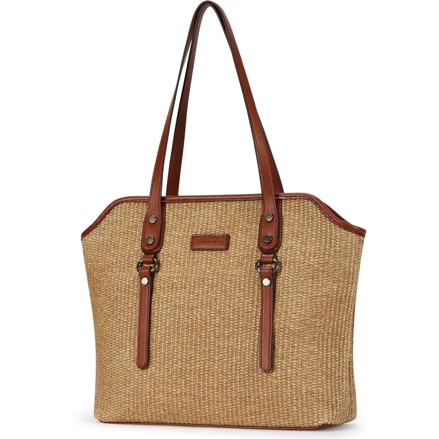 Chic Straw Woven Tote Bag for Women, Large Shoulder Bag with Vegan Leather Trim and Zip Closure for Summer Beach, Work, Travel - Fits 14-inch Laptop