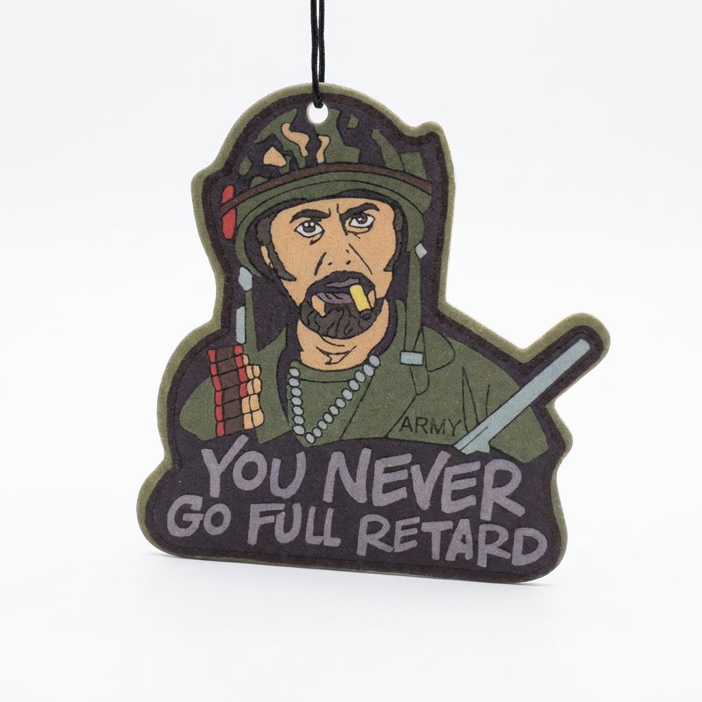 Novelty Car Air Freshener, Tropic Thunder "You Never Go Full Retard" Quote, Long Lasting Scent Pendant, Funny Military Man Cartoon Hanging Ornament for Car Interior Decor