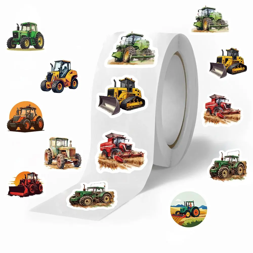 Tractor Pattern Sticker (500pcs/roll), Self Adhesive Decal, Cartoon Agricultural Farm Tractor Construction Vehicle Truck Car Label for Party Supplies Decorations