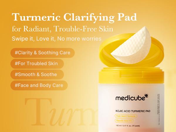 [medicube] Kojic Acid Turmeric Clarifying Toner Pad for Troubled Skin & Use After Spot Care | Soothing & Calming with Turmeric, Niacinamide, Glycolic Acid  | Korean Skin Care, 70 Pads