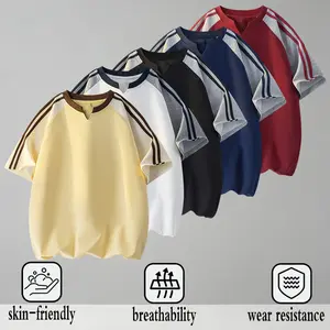 High street contrast color raglan sleeve breathable skin-friendly T-shirt men's summer fashion brand loose sports style wear-resistant striped short-sleeved shirt