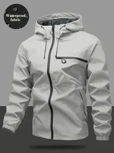 Men's Waterproof Windproof Solid Zip Front Hooded Jacket, Casual Long Sleeve Zipper Pocket Design, Outdoor Activity Coat, Fall Fashion