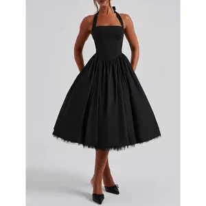 TSDFC 2025 New Female Party Vestidos Elegant Solid Sleeveless Puffy Midi Dresses Woman Sexy Backless Halter Lace Up A Line Dress Clothes Womenswear