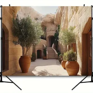 1pc Polyester Vintage Old Town Photography Mural - Rustic Stone Wall, Arched Doorway, Olive Trees Scene, Home & Festive Party Banner for Housewarming, Anniversary, Birthday Celebrations