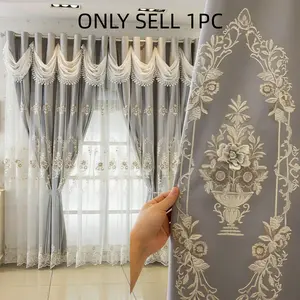1pc Double Layer 100% Total Blackout Retro Cloth & Sheer Integrated Window Curtain, Symmetrical European Floral & Classic Vase Pattern, Ideal for Living Room & Bedroom Home Decor, Home Decoration Curtain