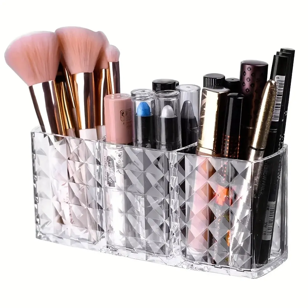 Transparent Acrylic Makeup Organizer Box, 3 Compartment Cosmetic Storage Container, Pen Holder for Eyebrow Pencils & Brushes, Cosmetics Organizer Storage