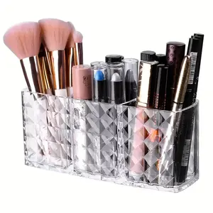 Transparent Acrylic Makeup Organizer Box, 3 Compartment Cosmetic Storage Container, Pen Holder for Eyebrow Pencils & Brushes, Cosmetics Organizer Storage