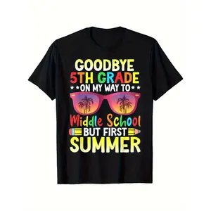 Boys' 5th Grade Graduation to Middle School & Hello Summer Graphic T-Shirt - Breathable Moisture-Wicking Fabric, Casual Streetwear Crew Neck Short Sleeve Tee with Vibrant Geometric Print for School Events & Summer Activities