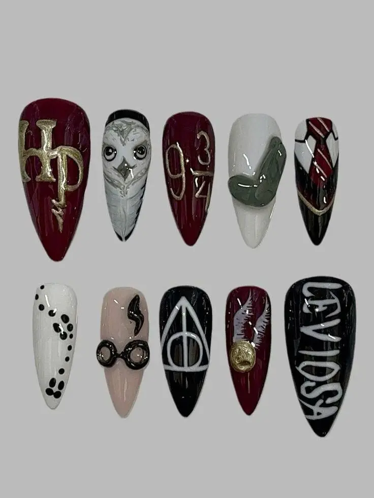 Harry Press On Nails, Magical Wizarding World Hand Painted Nail Art Set, Potter Fantasy Handmade Fake Nails | Free Adhesive Tabs Nail File & Cuticle Stick