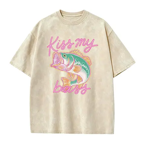 Women's Short-Sleeve Smooth Seamless Casual Graphics T-Shirt - Kiss My Bass Fish Print, Beach Wear, Preppy Vibes Top, Shortsleeve, Round Neck, Fabric, Plain, Soft, T Shirts, Women's Graphic Tees, Cotton, Fitted Cut, Solid, Graphic T Shirts