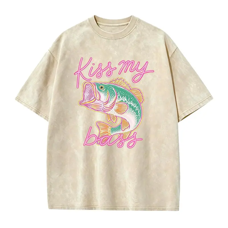 Women's Short-Sleeve Smooth Seamless Casual Graphics T-Shirt - Kiss My Bass Fish Print, Beach Wear, Preppy Vibes Top, Shortsleeve, Round Neck, Fabric, Plain, Soft, T Shirts, Women's Graphic Tees, Cotton, Fitted Cut, Solid, Graphic T Shirts
