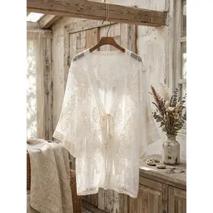Women's Embroidery Sheer Tie Front Cover Up Outerwear, Casual Cover Up Outerwear for Beach Vacation, Ladies Swimwear for Summer, Swimwear Coverups