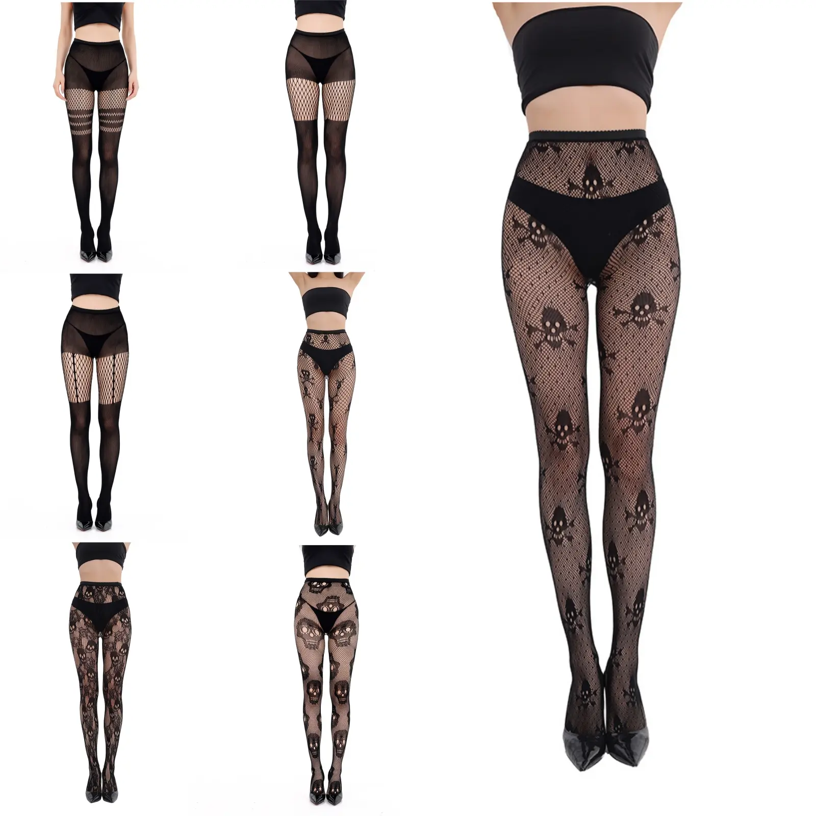 Women's Black Skull-Accented Fishnet Thigh High Stockings - 1-Size-Fits-All, Comfortable Style for Lady Casual Wear, Elegant, Graphic, Clothes