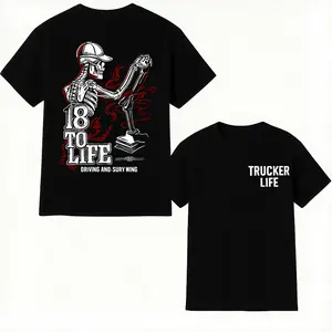 Soft Cotton Trucker Graphic Tee for Men, 18 to Life Skeleton Driving Print, Streetwear Shirt, Oversized Gift for Drivers and Road Warriors...