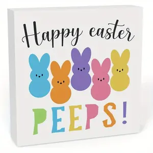 Rustic Farmhouse Bunny Easter Decorations Spring Country Home Office Desk Decor Happy Easter Peeps Sign Cubicle Shelf Tabletop Tiered Tray Decor Gift Ideas 5 X 5 Inch
