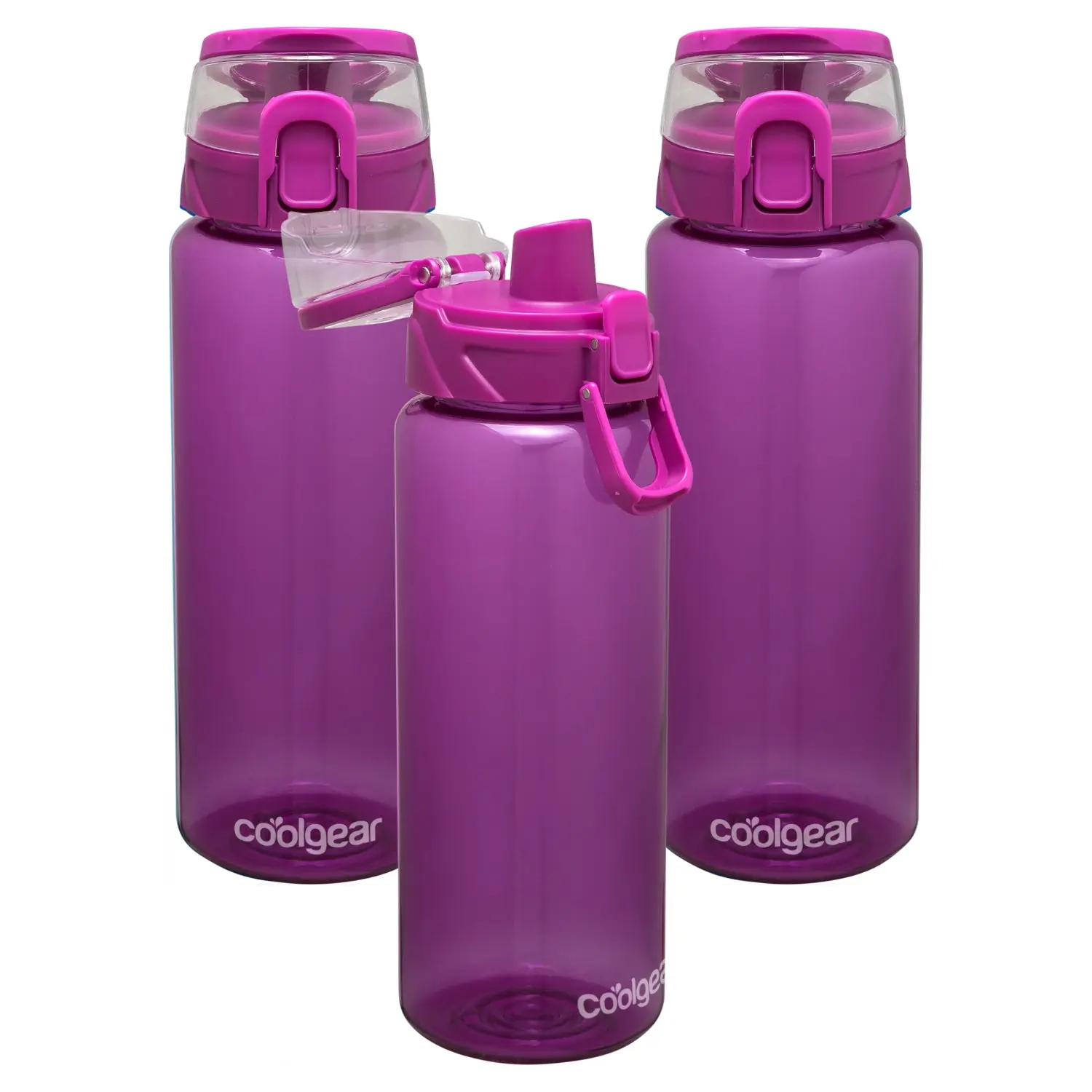 Cool Gear 3-Pack Modern Tritan Plastic 32oz Cylinder Reusable Water Bottles with Halo Top Lid, Easy Carry Loop, Leakproof, Shatter-Resist, Dishwasher Safe | Plum Pack