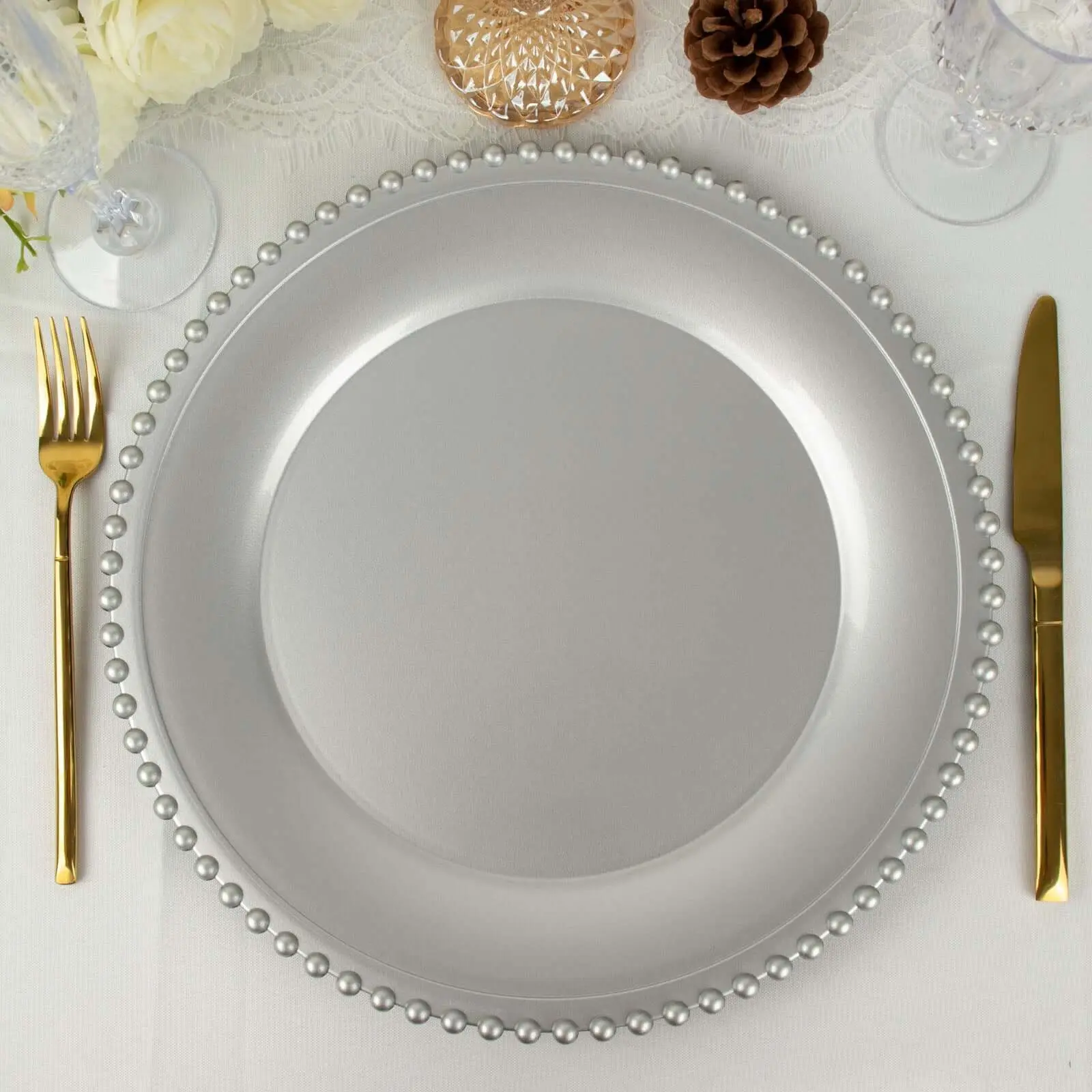 6-Pack Acrylic Round Charger Plates 13" in Silver with Beaded Rim, Decorative Dinner Party Charger Tableware