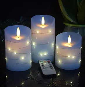 Sky Blue LED Flameless Candle, with Embedded  String, 3- Set of LED Candles, with 11 Button Remote Control, 24-Hour Timer Function, Dancing Flames, Real Wax,  .