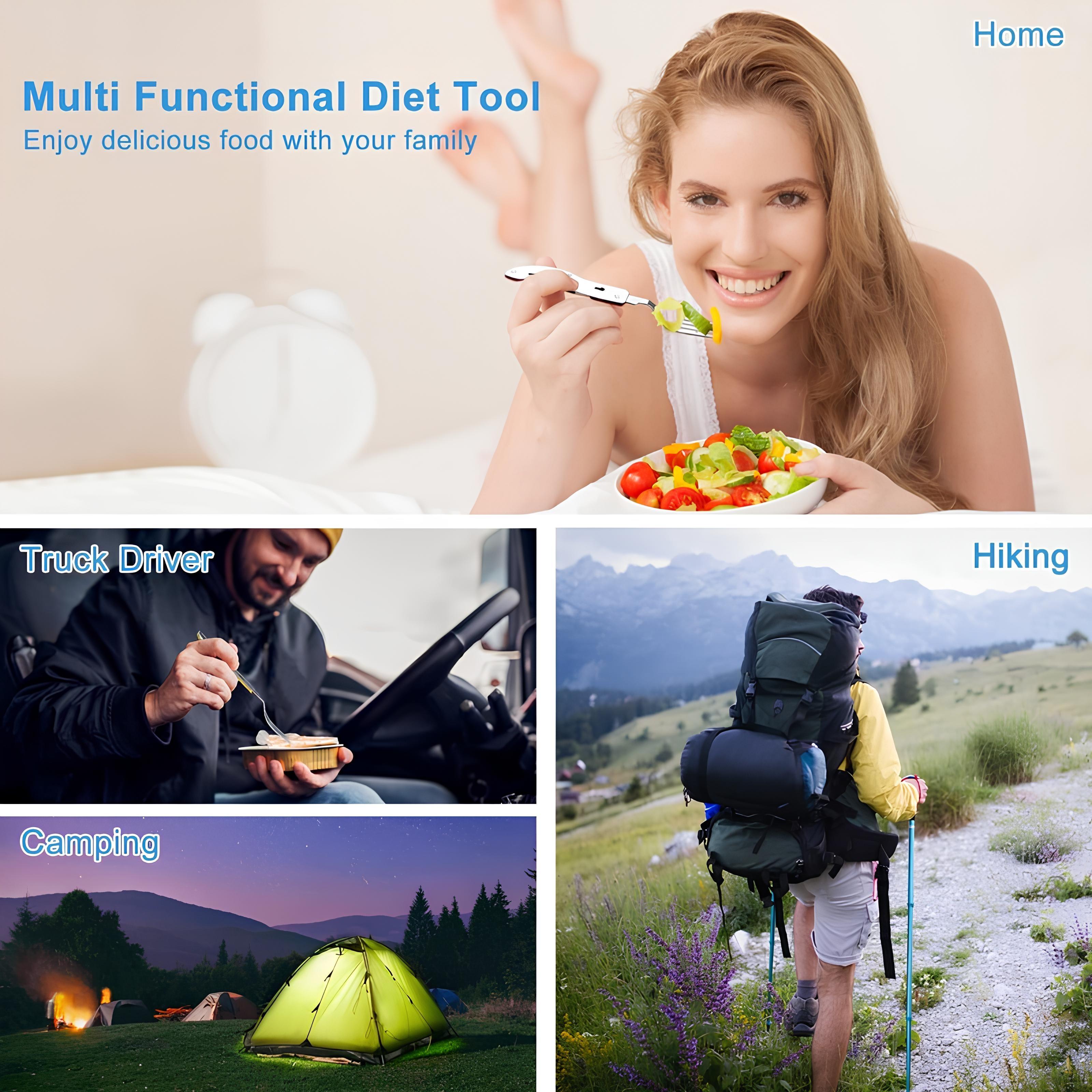 4-in-1 Portable Cutlery Set Stainless Steel Folding Utensils with Fork Spoon Knife Bottle Opener, Compact Travel Camping Silverware, Lightweight Reusable Outdoor Gear for Hiking Picnic Everyday Use