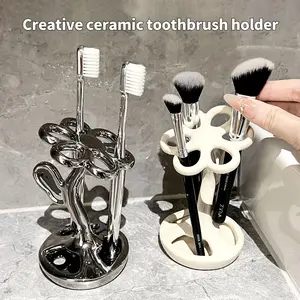 Ceramic Toothbrush Holder, Multifunctional Storage for Toothbrushes & Makeup Brushes, Creative Flower-Shaped Toothbrush Stand for Bathroom, Bathroom Accessory