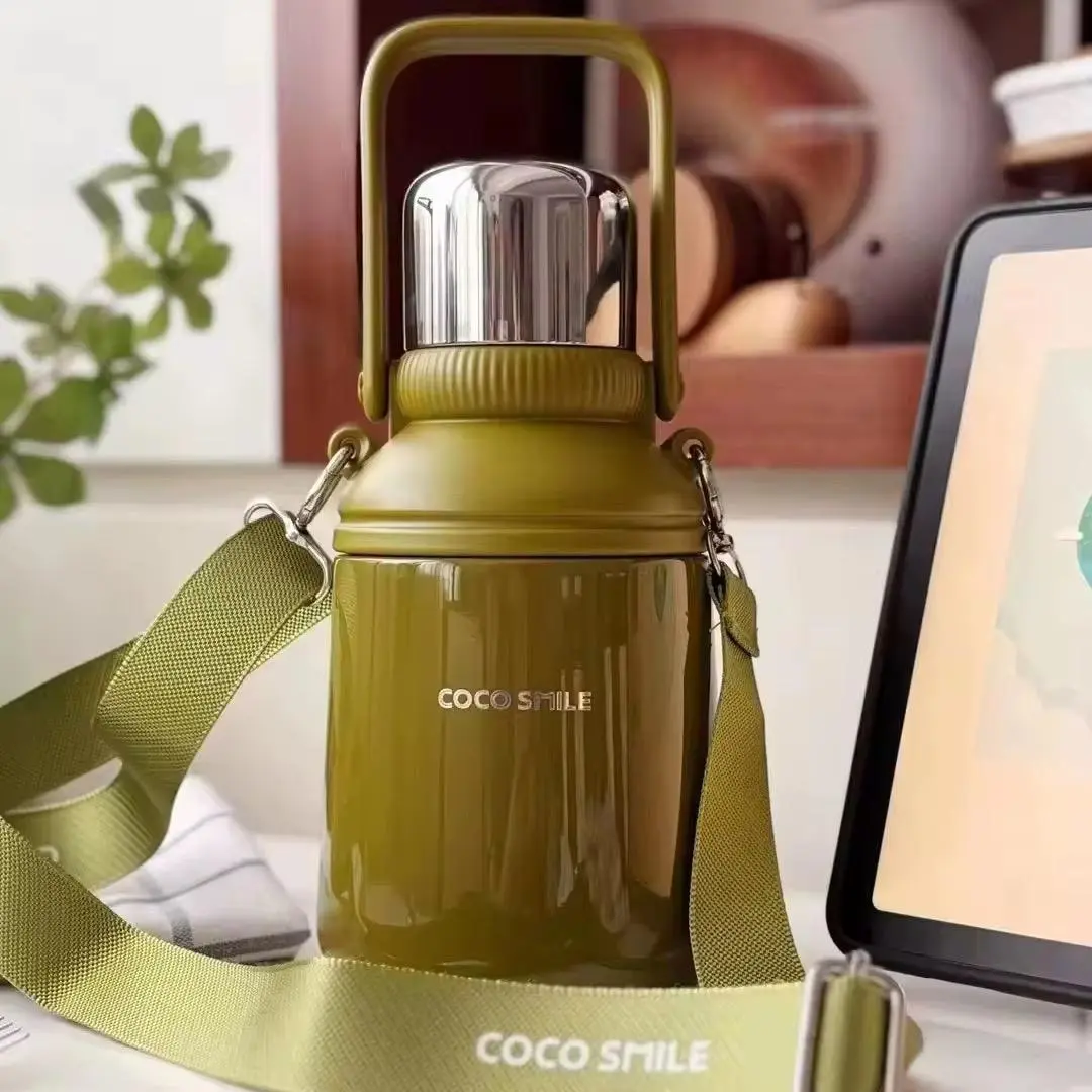 Coco Smile Stainless Steel Thermal Water Bottle with Handle 1 L Durable Insulated Flask for Hot Cold Drinks Perfect for Work School Outdoor