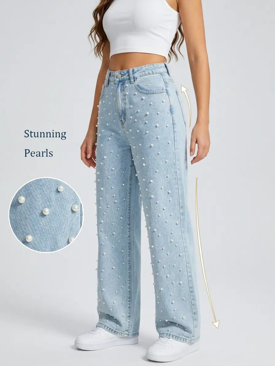 Pearls Beaded Wide Leg Jeans, Women's High-waisted Baggy Wide Leg Jean, Fashion Straight Leg Jeans, Wide Leg Denim with Unique Pearls- 25008