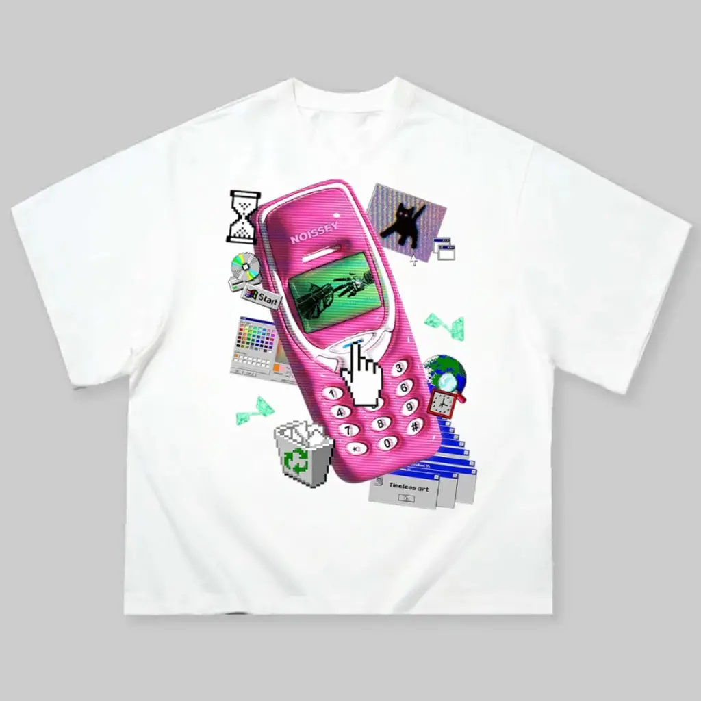 Pink Pager Retro Print Boxy T-shirt, Y2k Fashion, Y2k Clothing, Vintage T-Shirt, Unisex Cotton Crewneck T-Shirt Menswear Womenswear Streetwear Top