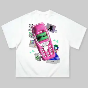 Pink Pager Retro Print Boxy T-shirt, Y2k Fashion, Y2k Clothing, Vintage T-Shirt, Unisex Cotton Crewneck T-Shirt Menswear Womenswear Streetwear Top