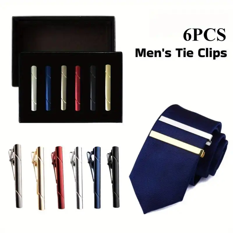 Men's 6-Pcs Blue & Gold Nice Simple Look Tie Clips with Gift Box, Suitable for Regular Ties, Business Events, Ideal for Fathers Day, Graduation, Anniversary Gifting