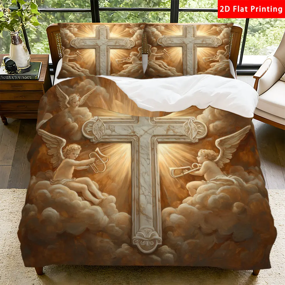 2/3 Pcs 2D Flat Religious Angelic Cross Duvet Cover Set Angel Cross Bedding Set Quilt Cover 1 Duvet Cover + 1/2 Pillowcases Heavenly Angelic Top Sheet Decorative Bedding Bedroom Decor