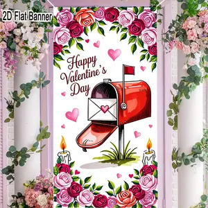 2D flat banner, 1pcValentine's Day Mailbox Decor, Red Mailbox with Envelope Heart Sticker, Candle & Rose Borders Party Decoration, Festive Romantic Backdrop for Social Media Videos