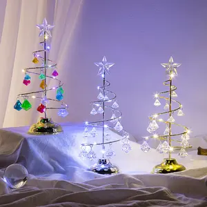 Christmas Decorations Gift Electroplated Iron Tree LED Glowing Crystal Christmas Tree Crystal Tabletop Ornament Night Light(Without Battery)