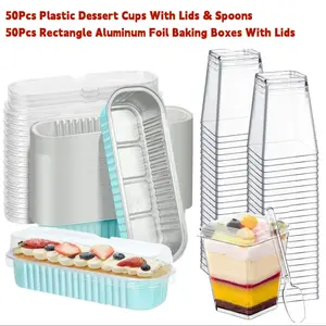 All-in-One Treat Packaging Kit, 50pcs Sealed Dessert Cups With Spoon Match 50pcs Rectangular Cake Storage Boxes, Versatile For Cakes Fruits Frozen Desserts, Great Choice For Outdoor Picnic Party Street Selling