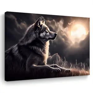 2D Flat 1 Piece Majestic Wolf Moonlight Canvas Art Printing, 2D Wooden Frame Wall Decoration, Ready to Hang, 11.8 X15.7 Inches, Suitable for Living Room, Bedroom, Kitchen-Home Decoration, Perfect Gift for Animal Lovers, wolf Decoration