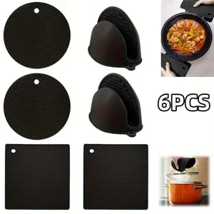 6 Pack Silicone Kitchen Mat & Oven Mitt Set - Non-Slip, Heat-Resistant up to 446°F, Easy-Clean Trivets and Gloves with Hanging Holes - Perfect for Hot Dishes, Countertops & Ovens, Oven Mitts Heat Resistant