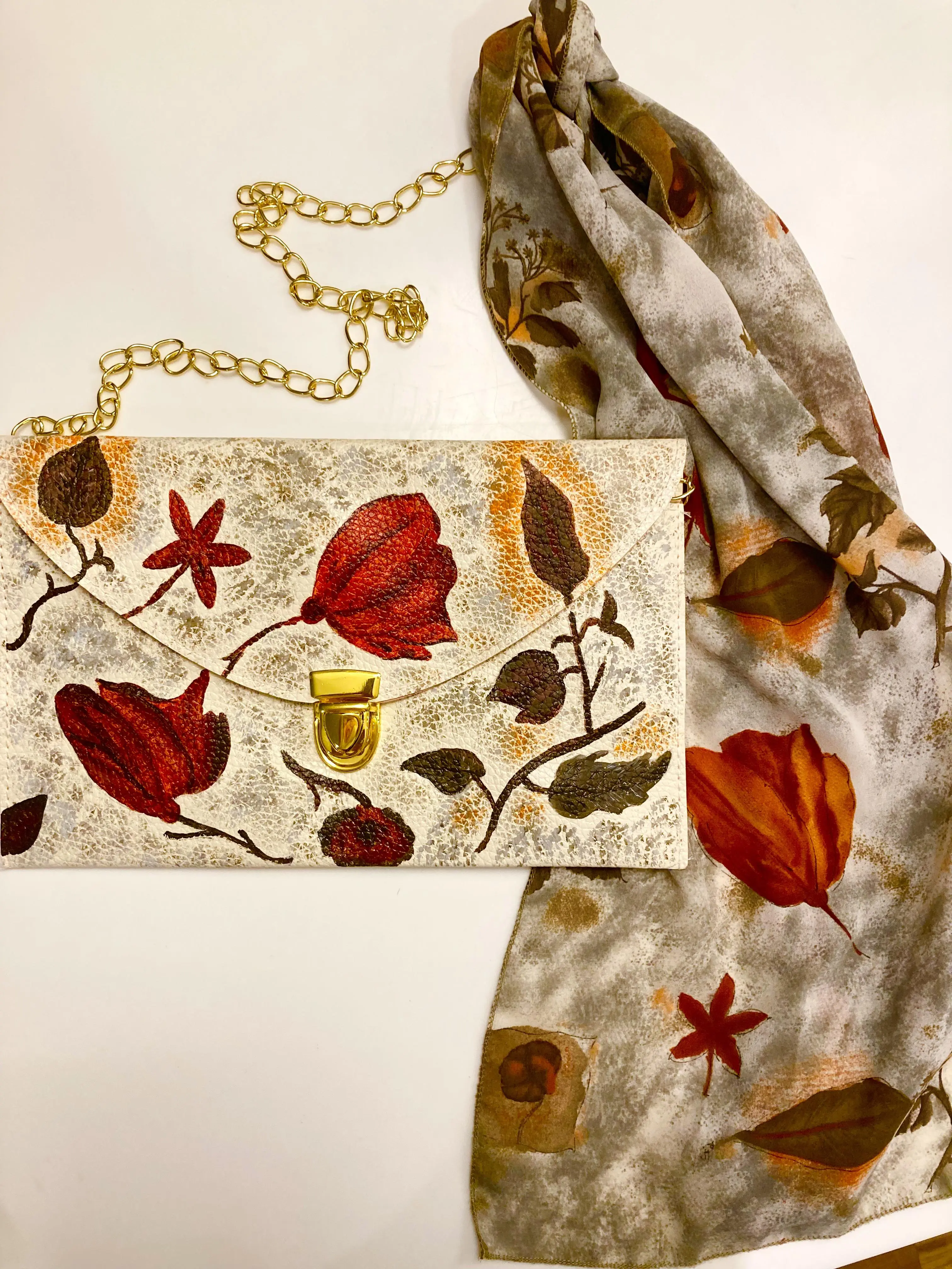 Hand painted hand bag & scarf