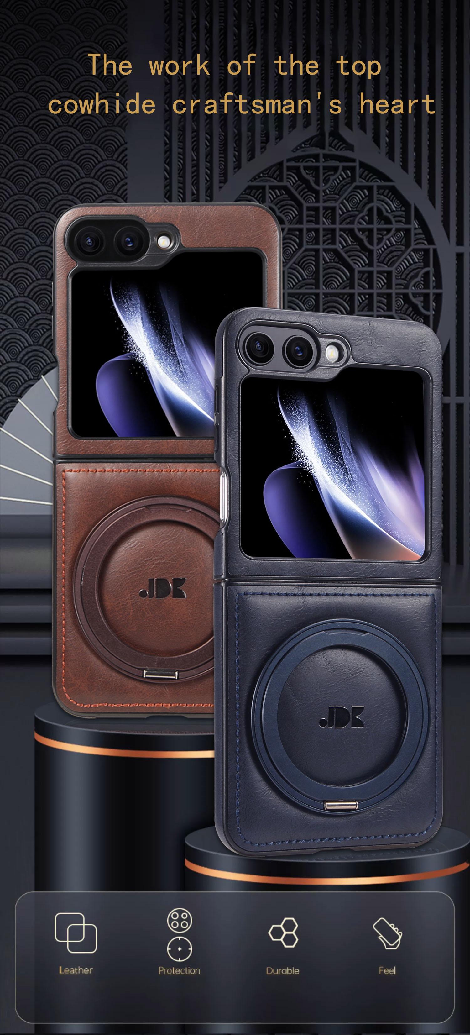 Metal 360° Rotating Stand Phone Case for Samsung ZFlip7/ZFlip6/ZFlip5/ZFlip4/ZFlip3 Foldable Screen Magnetic Skin-Friendly Leather Texture Business Full Shockproof Protective Cover