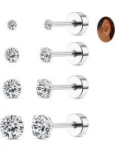 4 Pairs Titanium Stud Earrings FlatBack Ball Dot CZ Cartilage Earrings Set Stainless Steel Small Flat back Stud Earrings for Women Men 2mm 3mm 4mm 5mm 20G Studs Earrings