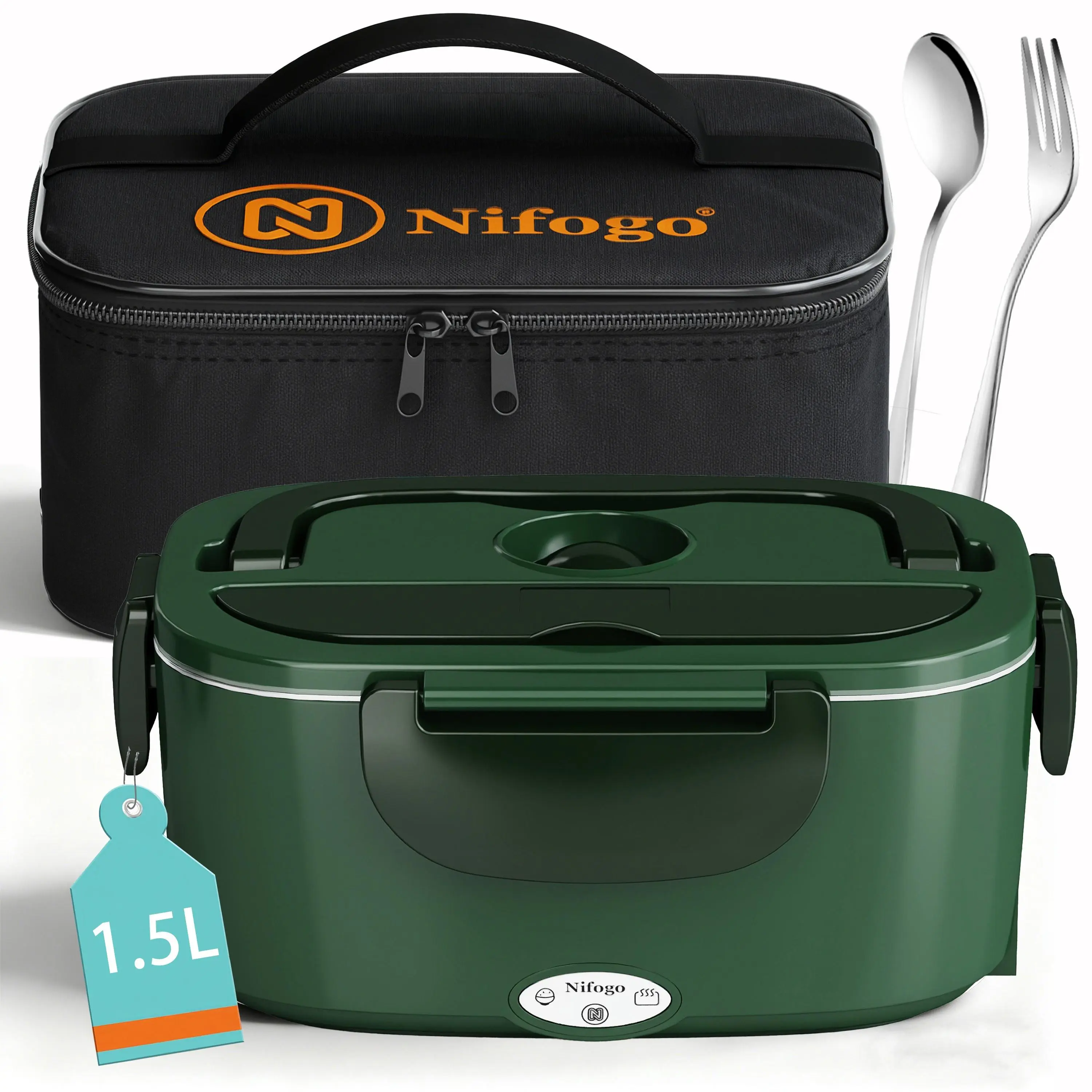 Nifogo 80W High Power Electric Lunch Box 1.8L Stainless Steel Inner Pot Display Screen Portable Heated Lunch Box 12V24V110V Car Home Office Black Square