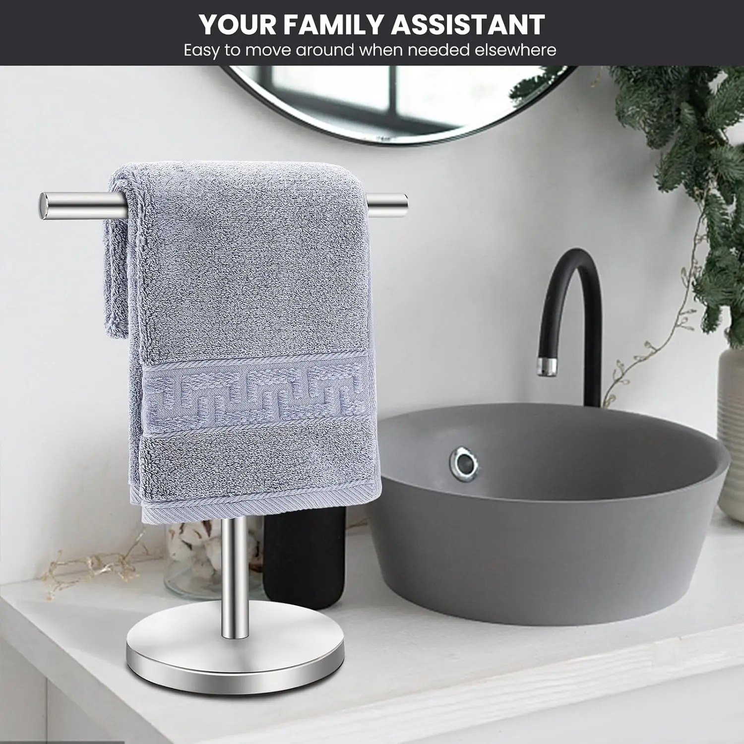 T-Shape Bath Hand Towel Holder Stand Stainless Steel Free Standing Hand Towel Rack with Heavy Base for Bathroom Kitchen Countertop Silver Durable Upgraded Design Easy Assembly Multi-Purpose Installation Set